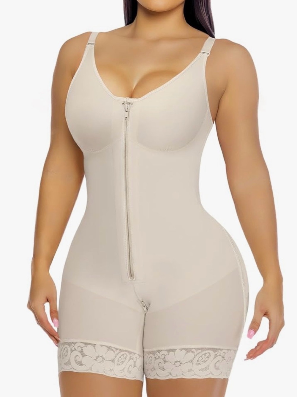 Sculpting Full-Body Shaper Romper in Beige with Front Zipper